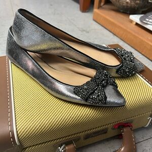 Tory Burch Shimmering Silver Flats with Beaded Bow